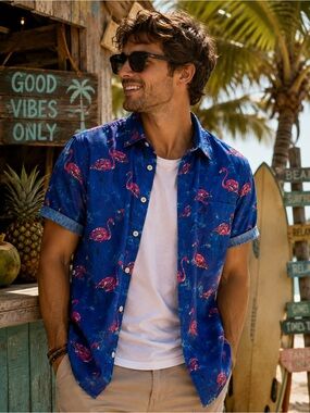 NWT Chubbies The Flamingo Unmingled Stretch Button Down Shirt Medium